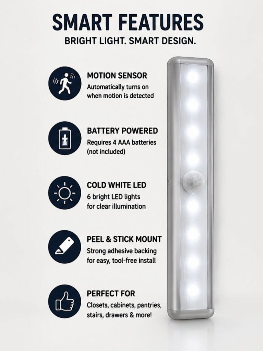 2-Pack Motion Sensor Battery-Operated 6 LED Closet Cold White Light Strip - Picture 5 of 10
